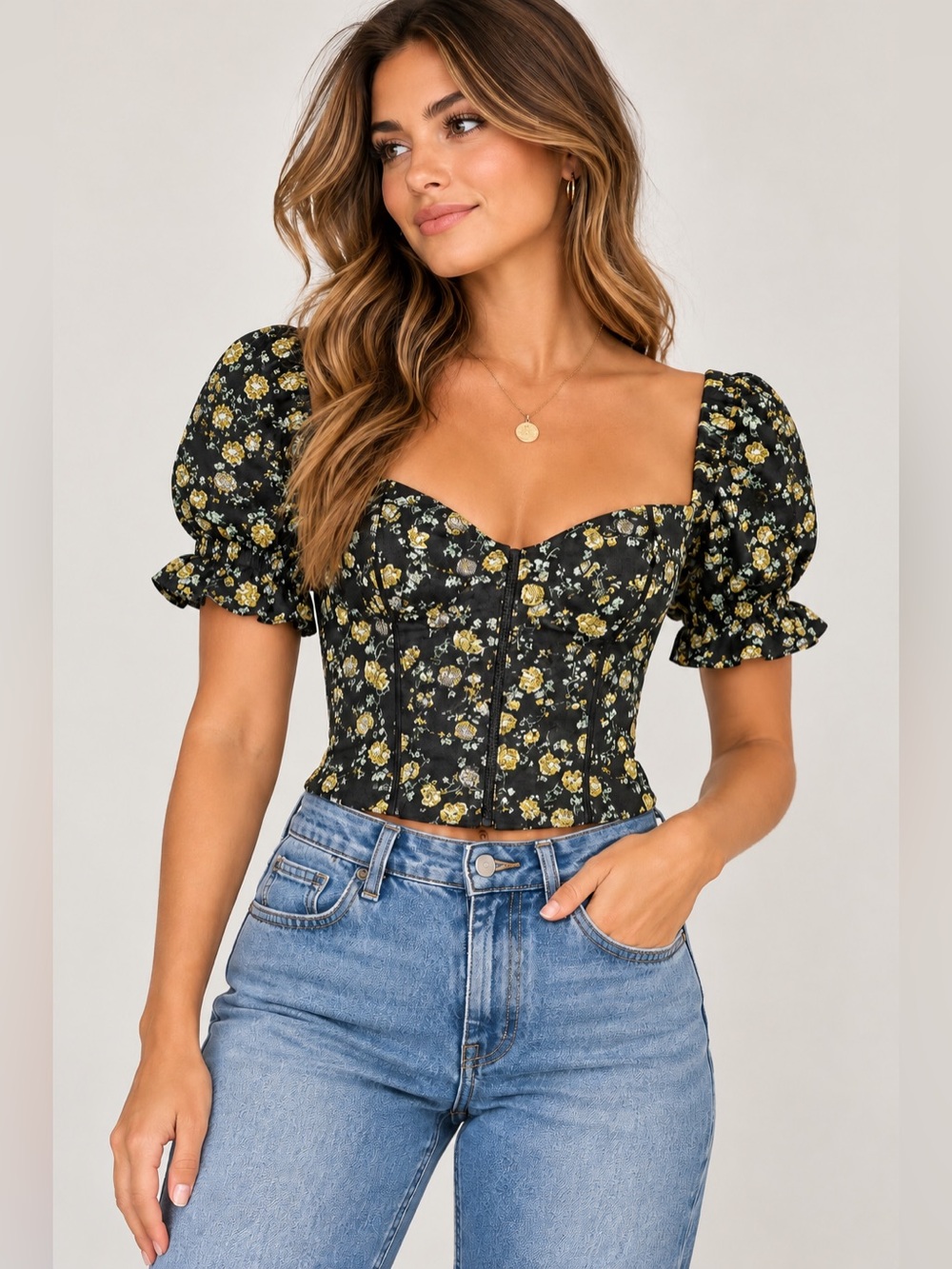 Tularosa Revolve Floral Corset Puff Sleeve Top Black Yellow XXS